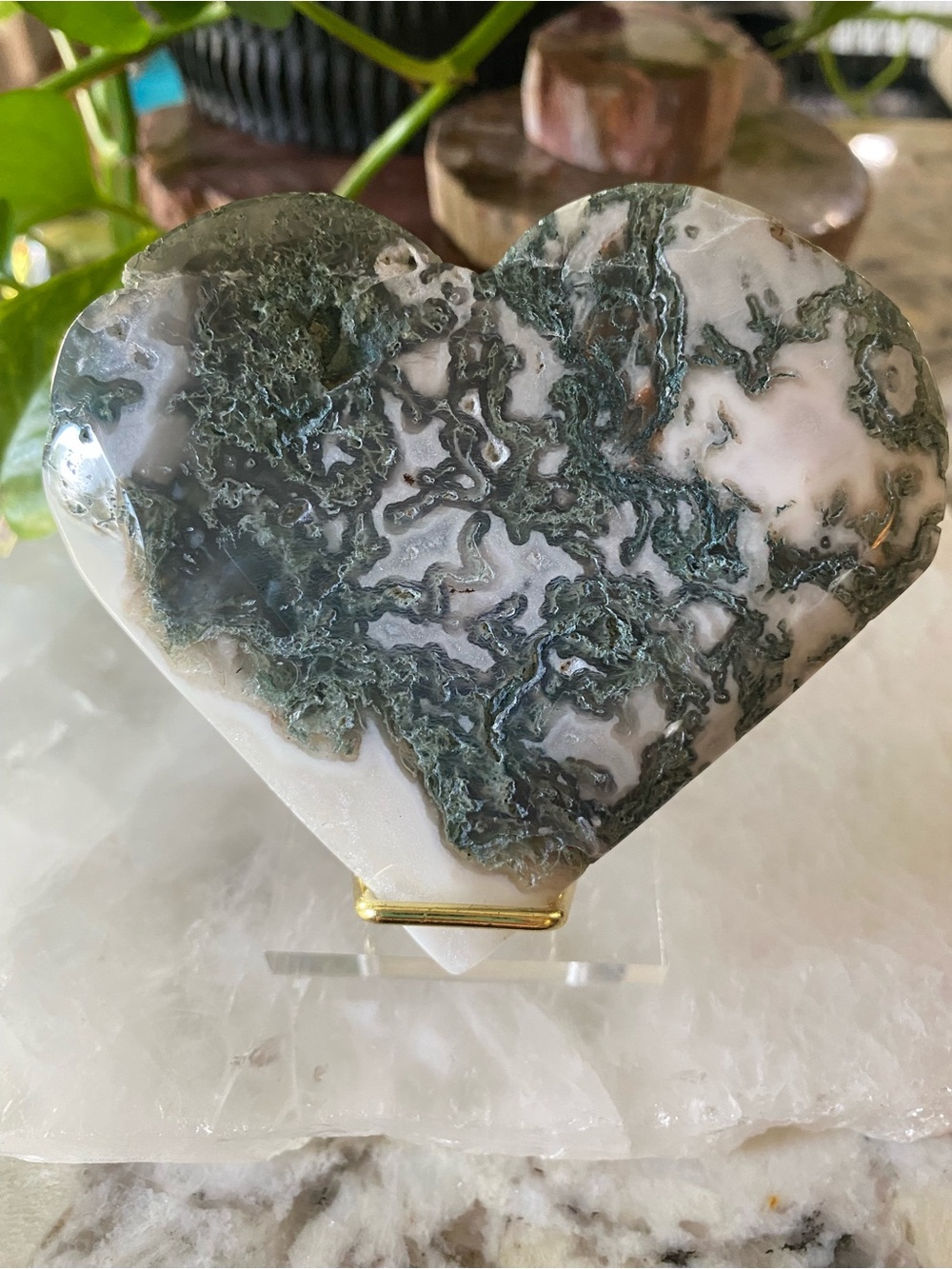 💚 4-Inch Moss Agate Crystal Heart — Druzy + Tiny Rainbows! ✨
